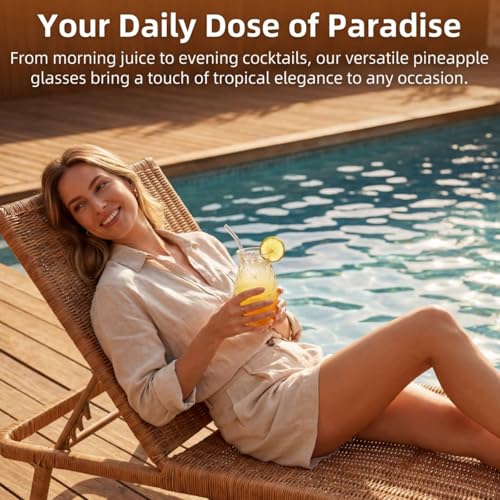 6-Pack Pineapple Drinking Glasses with Straws, 17 Oz Embossed Glassware