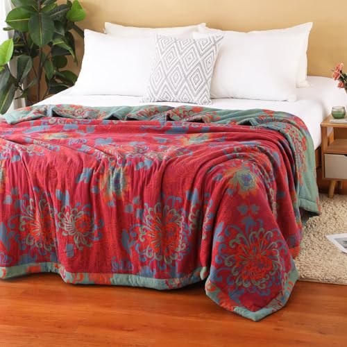 100% Cotton Red Floral Jacquard Quilt - Reversible Lightweight Bedspread