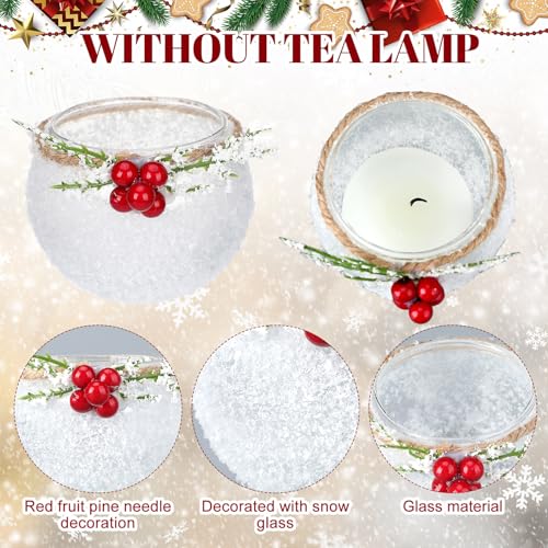 6-Piece Christmas Votive Candle Holders with Snowy Pine Leaves & Red Berries