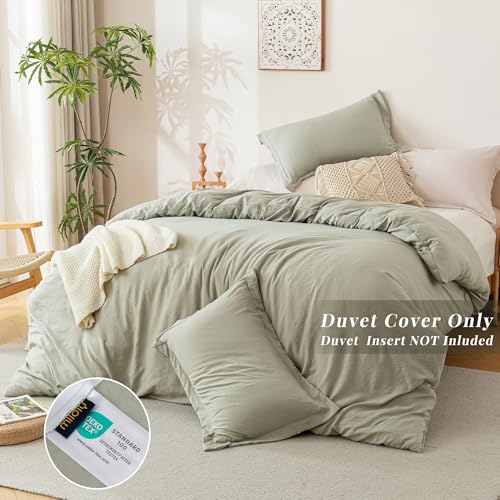 Queen Duvet Cover Set - 3 Piece Ultra Soft Washed Microfiber Bedding, Mist Sage