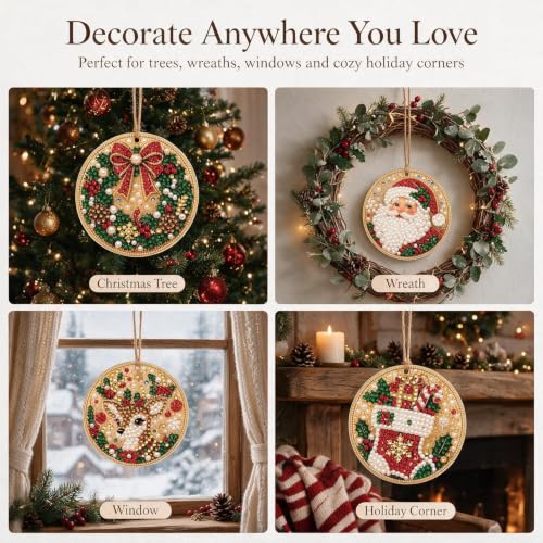 DIY Pearl Diamond Art Ornaments Set - 6 Wooden Holiday Decorations with Pearls & Gems