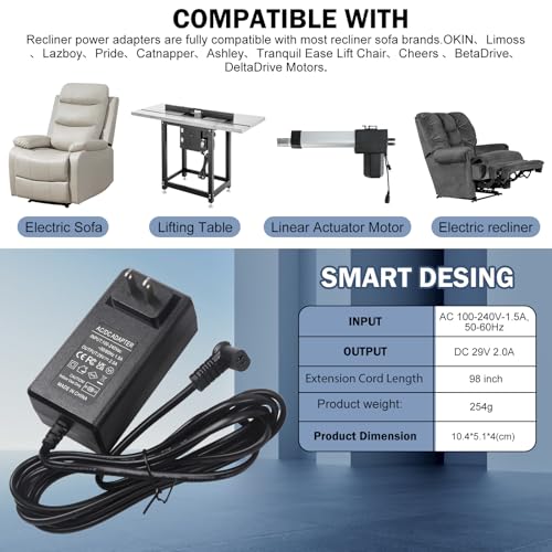 29V 2A Power Adapter for Electric Lift Chairs and Recliners, 2-Pin Connector