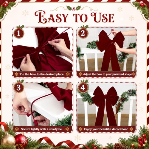 6 Pack Burgundy Velvet Christmas Bows - 15x31 Inch Holiday Decor
