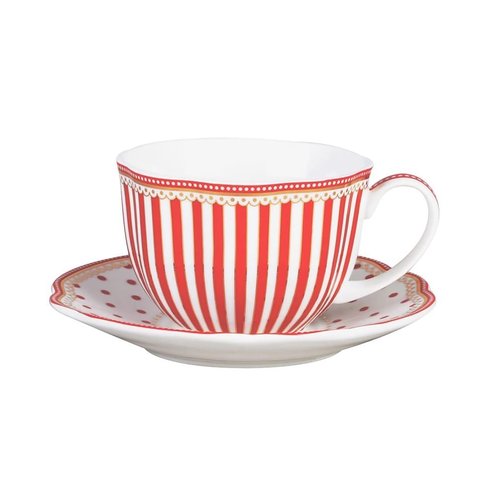 Grace Teaware Red Dot Stripes Scallop 9-Ounce Porcelain Tea/Coffee Cup and Saucer, Set of 2