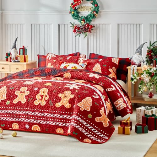 UOZZI BEDDING Christmas Quilt Set Red Stripes with Gingerbread Men, Gingham Reversible King