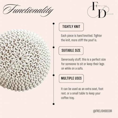 Hand-Knitted Round Cotton Pouf Ottoman - 20-Inch Floor Footstool