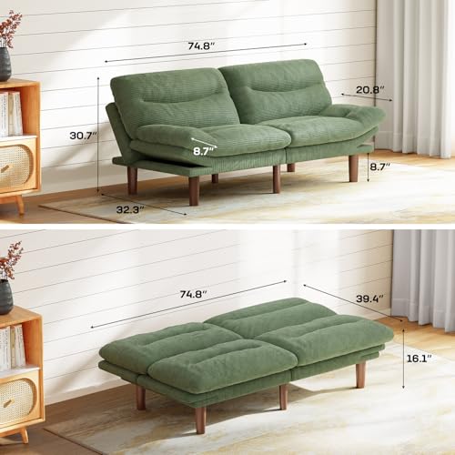 74.8-Inch Corduroy Convertible Futon Sofa Bed, Adjustable Sleeper Couch