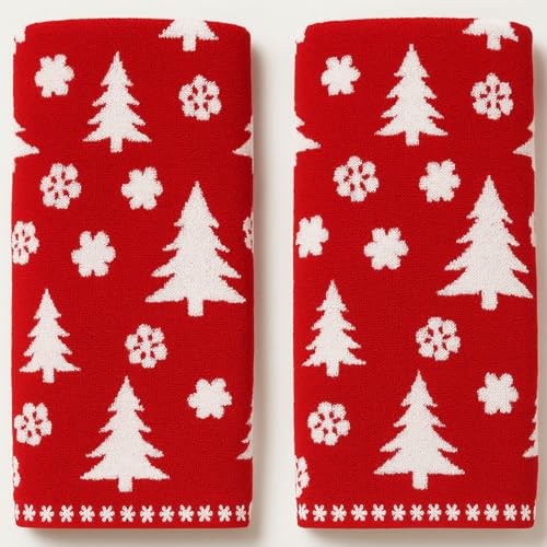 Peryiter 2 Pcs Red Christmas Tree Hand Towels for Bathroom 100%cotton