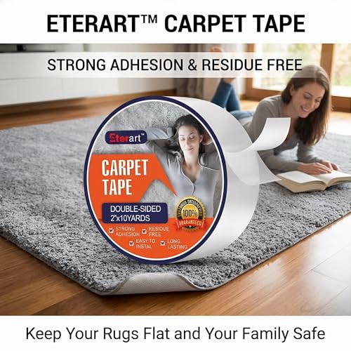 Heavy Duty Double Sided Carpet Tape - 2" x 10 Yds, Residue-Free Rug Adhesive