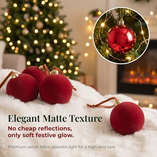 Nhohobiy 15Pcs Burgundy Red Velvet Christmas Tree Ball Ornaments, 2.65in Flocked Xmas Balls - Red / 15Pcs