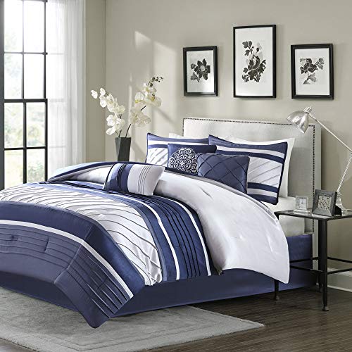 Faux Silk Navy Queen Comforter Set, 7pc - All Season Bedding