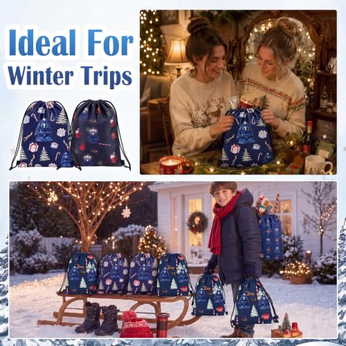 Christmas Train Party Favors Drawstring Bags - Set of 15, Festive Designs
