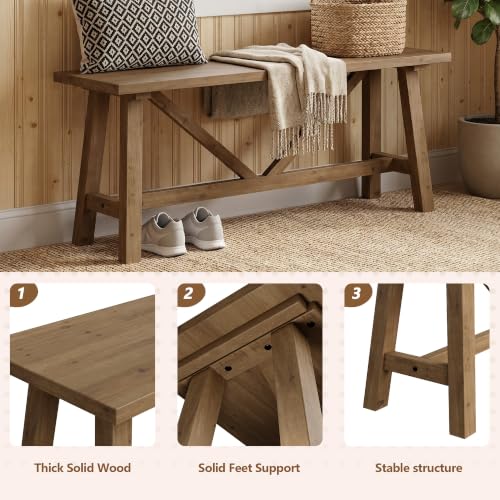 43-Inch Solid Wood Farmhouse Bench, Rustic Narrow Entryway Seat