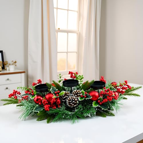 28" Christmas Triple Candelabrum Centerpiece with Berries & Pine Cones