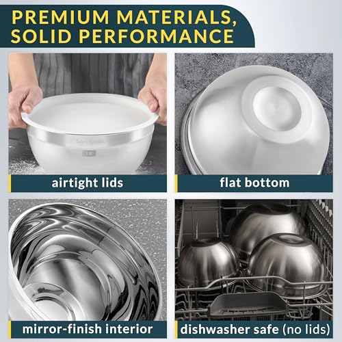 Stainless Steel Mixing Bowls with Lids Set of 3 - Nesting Prep & Storage Bowls