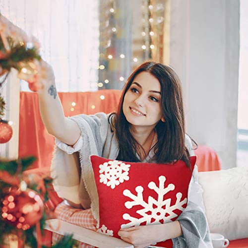 Christmas Snowflake Throw Pillow Covers 18x18 Set of 4 Red White Embroidered Linen Decor