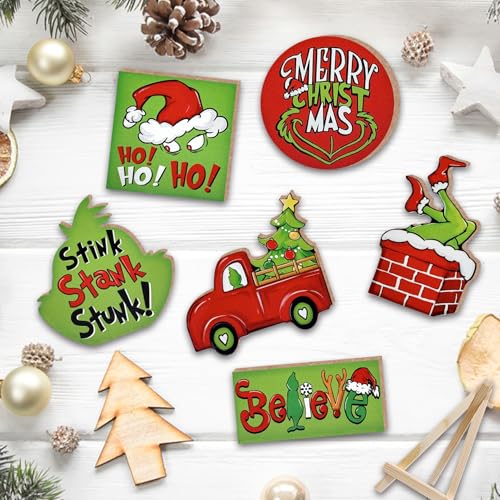 7 Pcs Merry Christmas Tiered Tray Decor, Red Green Xmas Truck Stink