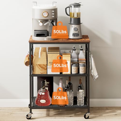 3-Tier Rolling Kitchen Utility Cart with Microwave Shelf and 6 Hooks