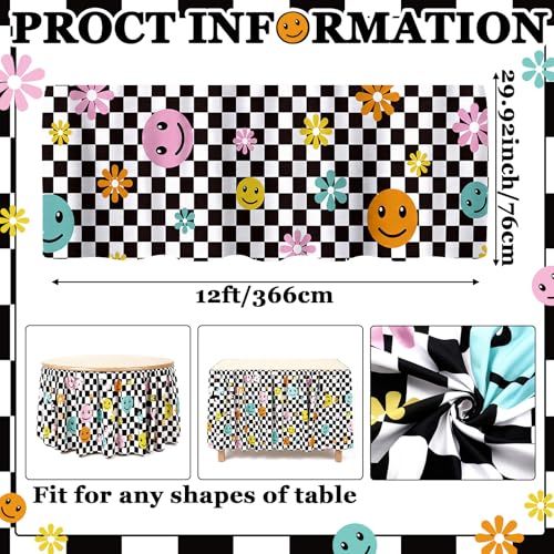 12ft Black and White Checkerboard Desk Skirt with Smile Faces and Flowers