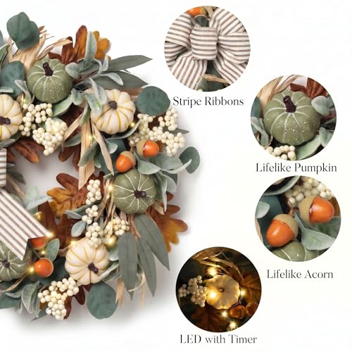 20-Inch Lighted Fall Wreath for Front Door with Timer and Pumpkins