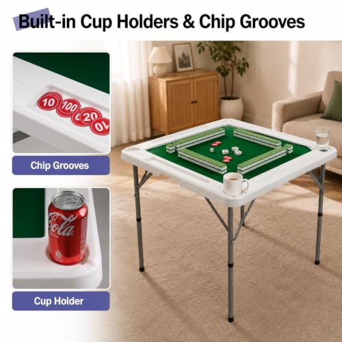 34.6" Portable Folding Mahjong Table with Cup Holders and Storage Slots