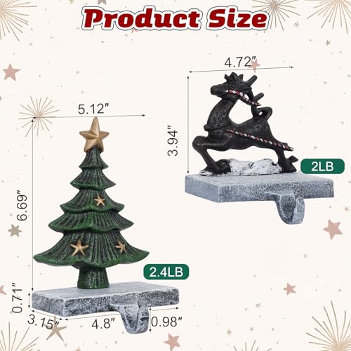 Heavy Duty Cast Iron Christmas Stocking Holders for Mantel - 3D Holiday Hooks