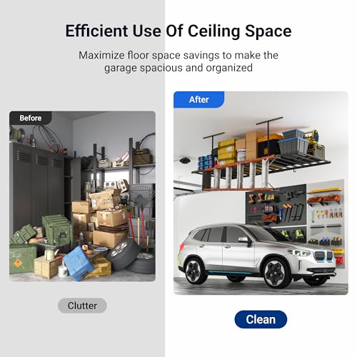 4x8 Overhead Garage Ceiling Storage Rack with 6 Hooks, 750lbs Capacity