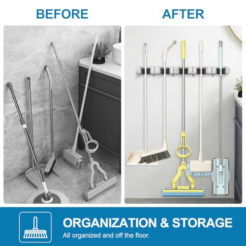 IMILLET 2 Pack Stainless Steel Wall Mount Broom & Mop Organizer with 4 Hooks, Heavy Duty Garage Storage