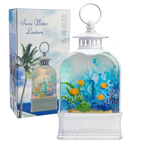 Ocean Themed Musical Snow Globe Lantern with Swirling Glitter and Seahorse