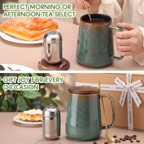 Green 24oz Ceramic Tea Mug with Infuser, Lid & Spoon – Large Coffee Cup for Tea Lovers