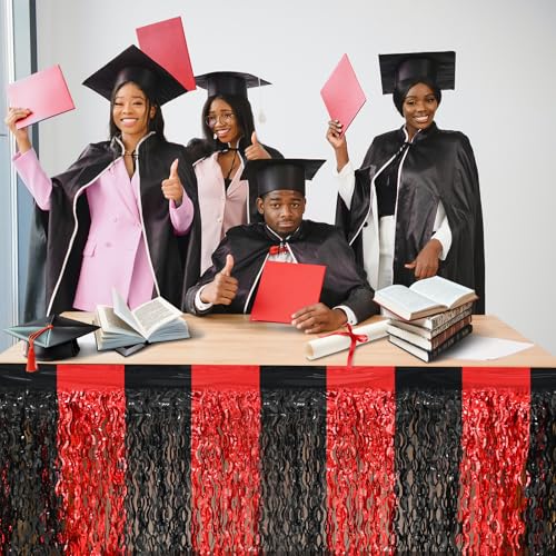 4 Pack Metallic Foil Fringe Table Skirts, Red and Black Graduation Decor
