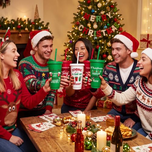 Vesici 12 Pack 24 Oz Christmas Plastic Cups with Lids and Straws – Joy Edition