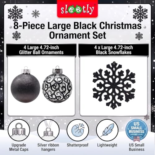 Sleetly Shimmer Swirl Black 4.72in Ornament Set — 8 Large Christmas Balls & Snowflakes