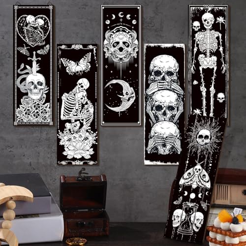 6-Piece Gothic Skull Wall Art Set, Wooden Boho Sun and Moon Decor