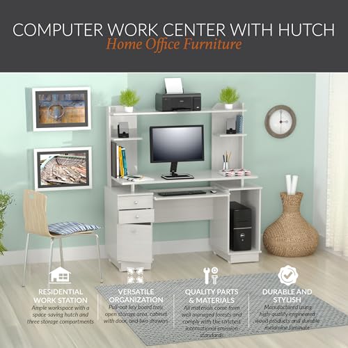 Computer Desk with Hutch, Keyboard Tray and Storage Drawers - Washed Oak