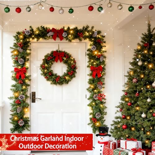 Turnon 9FT Christmas Garland with 50 Lights, 8 Modes, Timer, Red Berries & Pinecones - Warm White - Indoor/Outdoor