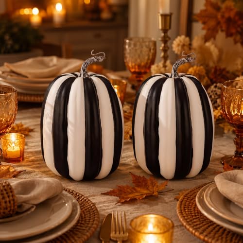 2 Pcs Large Artificial Foam Pumpkins, 8.6-Inch Black and White Striped Decor