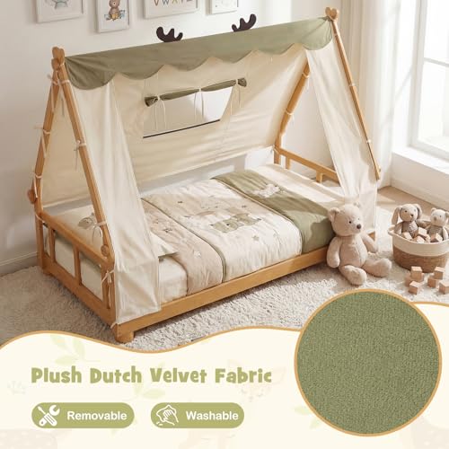 Twin House Floor Bed for Kids with Canopy, Fence Rails & Wood Slat Support