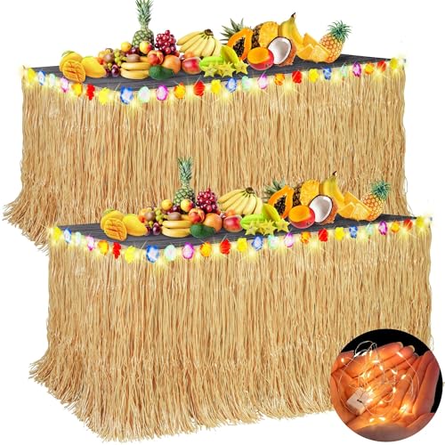 2-Pack Luau Grass Table Skirts with LED String Lights for Tropical Parties