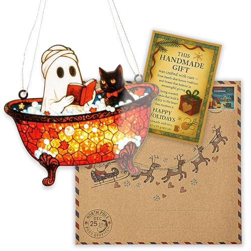 Gothic Bat Suncatcher Ghost Cat 2 - Purple Crescent Moon Window Hanging Halloween Decor