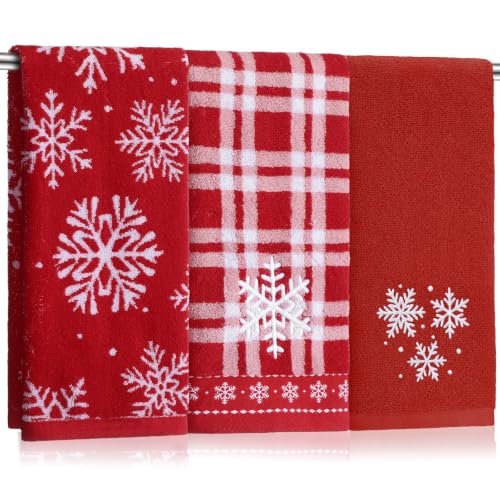 SmoothNovelty 3 Pcs Christmas Hand Towels - Red Snowflake Embroidered Set, 13.78 x 29.53 in