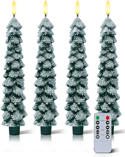 Snow Covered 4 Pack Flameless Christmas Tree Candles with Remote, 9.65 Inch LED Taper Candles