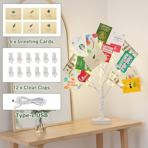 Lighted Birch Money Tree Gift Holder with Clips & Cards - 2FT