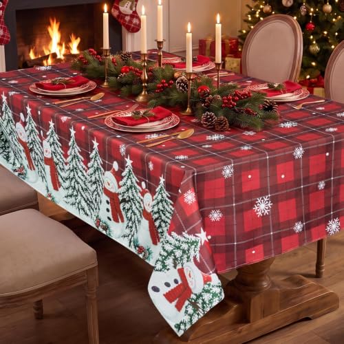 Softalker 60 x 84 Inch Rectangular Tablecloth – Snowman Red Plaid (Plaid Snowman) Christmas