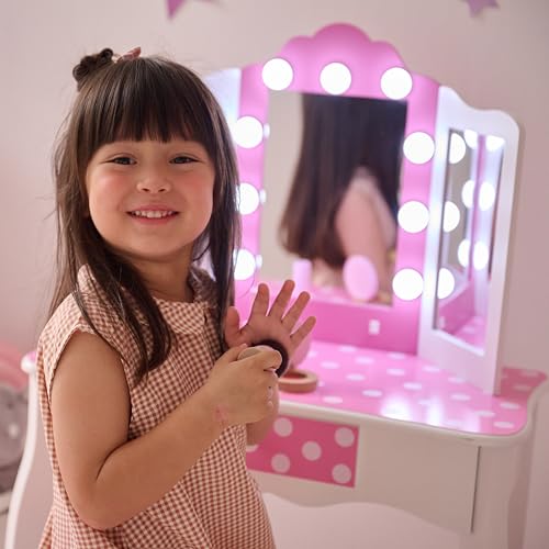 Polka Dot Kids Vanity Set with LED Mirror, Stool and Drawer - Pink