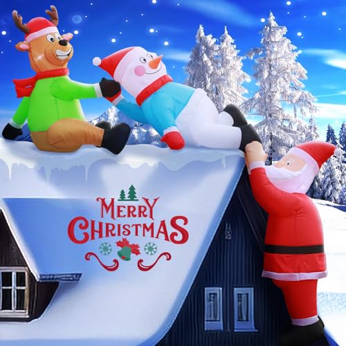 Christmas Friends 8FT Inflatable Roof Santa Reindeer Snowman Outdoor Decor with LED Lights