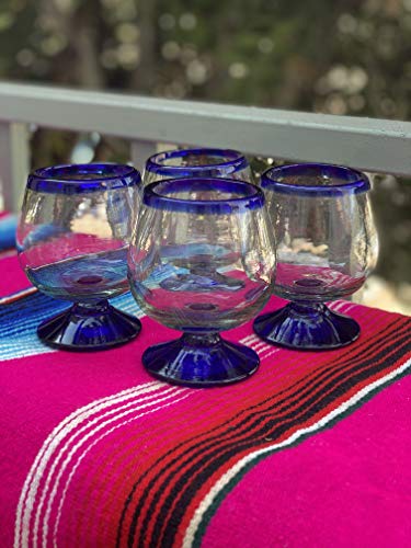Mexican Hand Blown Cognac Snifter Glasses Set of 4 - Blue Rim, Eco-Friendly, Handmade