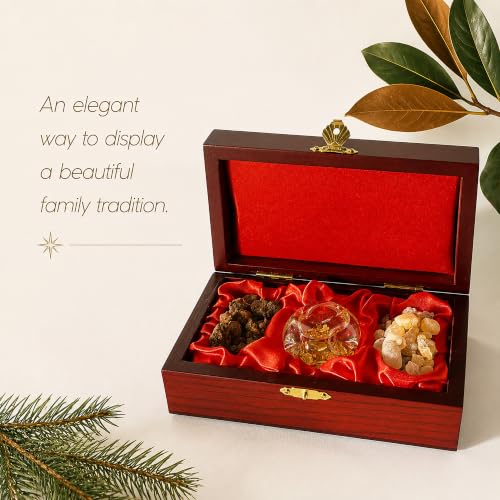 Frankincense & Myrrh Gift Set with 23K Gold Flakes in Glass Globe – Handcrafted Wooden Keepsake Box
