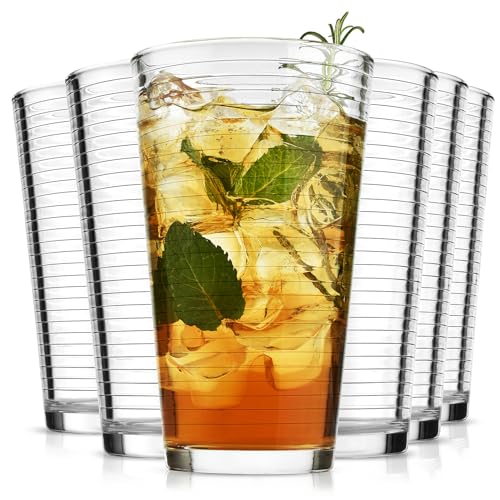 ALINK Ribbed 16oz Highball Glasses Set of 6 - Modern Drinkware for Cocktails & More