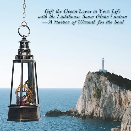 SMOOTHWIND 13.5'' Christmas Nativity Snow Globe Lantern WGL-BLJ - Retro Lighthouse, USB/Battery Powered, Music & Light